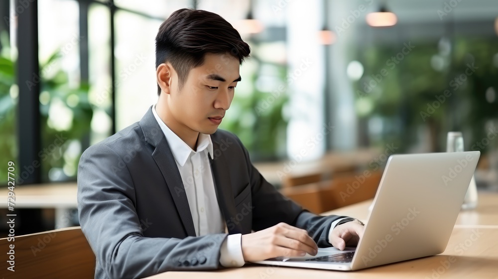 Young Businessman in Casual Suit Working on Laptop at a Modern Office During Daytime Young Businessman in Casual Suit Working on Laptop at a Modern Office During Daytime