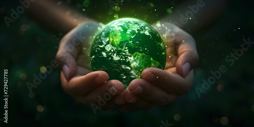 Conceptual representation of eco-friendly earth, glowing globe in hands in dark ambience. earth day theme. sustainable living imagery. AI