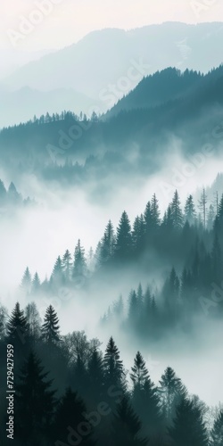Tranquil mist-covered mountain range with a lush fir forest creating a peaceful ambiance