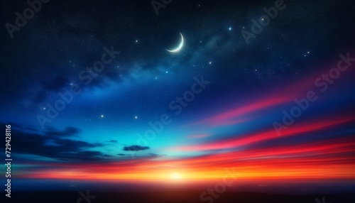 a vibrant twilight sky with a clear view of the crescent moon and stars