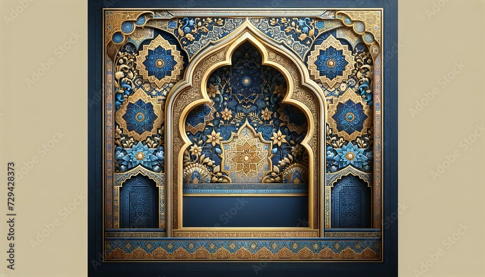 royal blue background and feature ornate golden arches with intricate Islamic geometric patterns