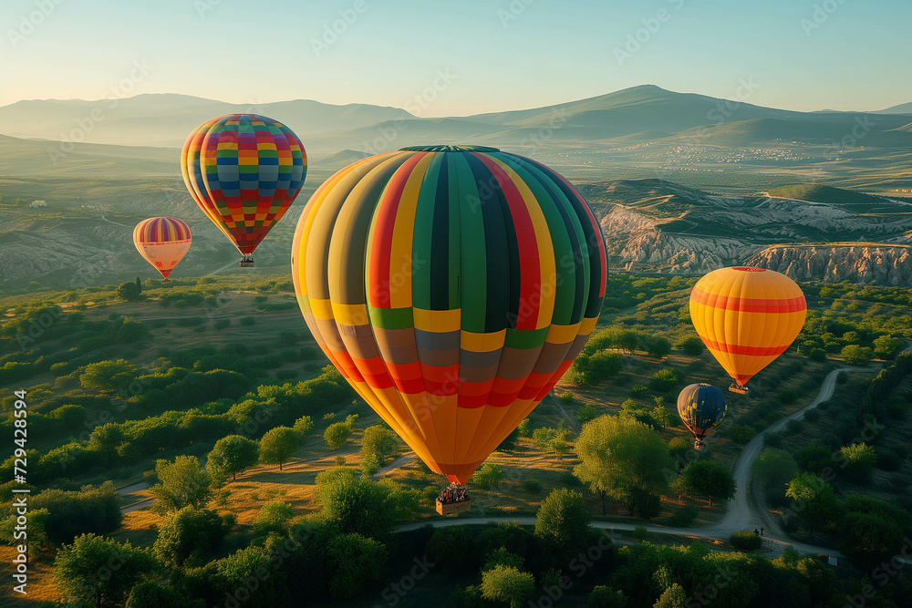 Fototapeta premium Balloons floating in the sky amidst the beautiful green meadows below.