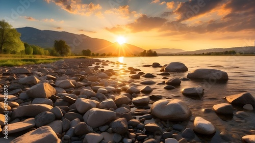 sunrise over the river, sunset over the lake, and sunlit rocks in the river © Adnan