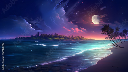 night view with moon  sea waves  and stars