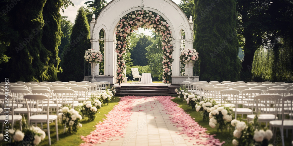 Beautiful place for outside wedding ceremony in the park white wooden chairs decorated with bouquets
