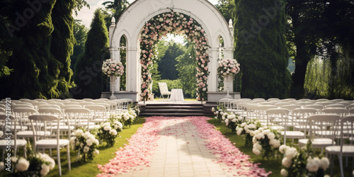 Beautiful place for outside wedding ceremony in the park white wooden chairs decorated with bouquets photo