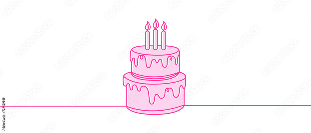 Drawing of cake with single continuous line. Sweet pastries. Concept for cafe, bakery, cake shop. Color illustration. Isolated. Drawing of cake with single continuous line. Sweet pastries. Concept for cafe, bakery, cake shop. Color illustration. Isolated.