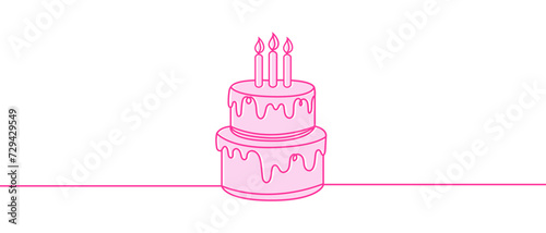 Drawing of cake with single continuous line. Sweet pastries. Concept for cafe, bakery, cake shop. Color illustration. Isolated.