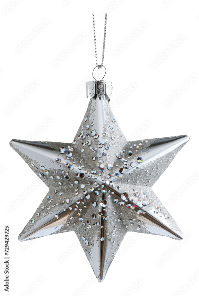 A glittering silver star ornament sparkling. A glittering silver star ornament sparkling.