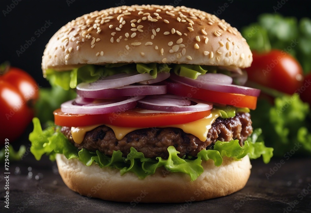 Close-up of delicious fresh home made burger with lettuce cheese onion and tomato on a dark backgrou