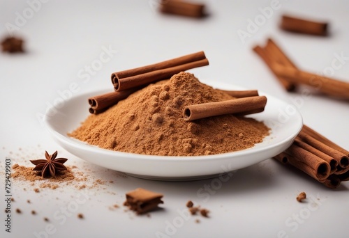 Cinnamon sticks and powder isolated on white background