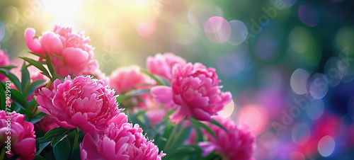 Peonies on soft  dreamy background copy space. Spring summer banner