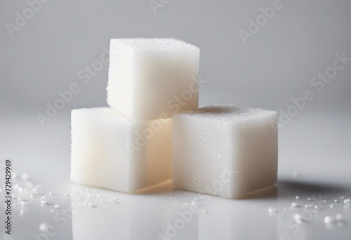 Close-up of three white sugar cubes isolated on white background photo