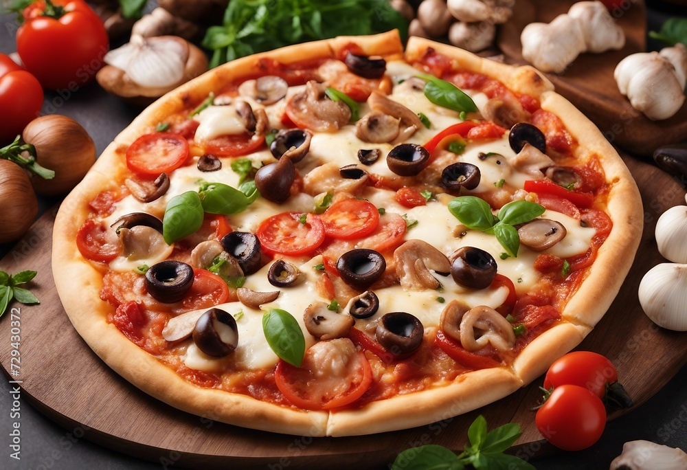 Delicious pizza with chicken fillet champignon mushrooms tomatoes peppers jalapeno and mozzarella is