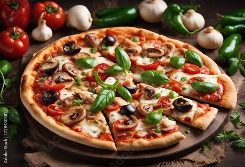 Delicious pizza with chicken fillet champignon mushrooms tomatoes peppers jalapeno and mozzarella is