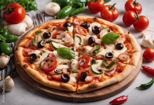 Delicious pizza with chicken fillet champignon mushrooms tomatoes peppers jalapeno and mozzarella is