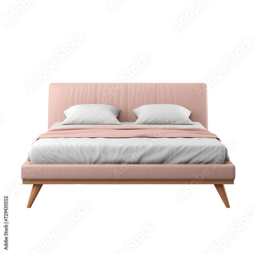 Queen Bed. Scandinavian modern minimalist style. Transparent background, isolated image.