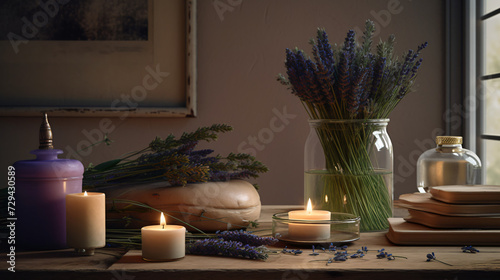still life composition featuring a lavender-scented candle lit in a cozy interior setting
