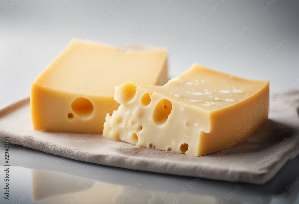 Two delicious pieces of cheese isolated on white background