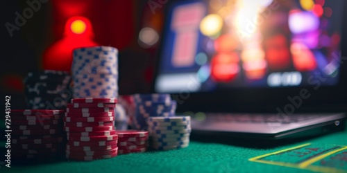 An Intimate Perspective Of An Online Poker Game Reflected On A Computer Screen. Сoncept Digital Poker Strategies, Virtual Card Skills, Online Poker Tournaments, Mastering Poker Algorithms