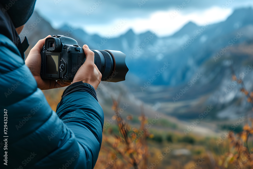 photographer in the mountains. Hands with a camera. Traveling, tourism. Taking photo on a hike photographer in the mountains. Hands with a camera. Traveling, tourism. Taking photo on a hike