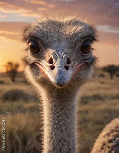 Savannah Sunset Elegance: Close-Up of African Ostrich in their Natural Sanctuary