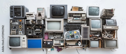 Electronic Graveyard: A Pile of Discarded Electronics Highlighting the Growing Challenge of E-Waste and the Need for Sustainable Recycling Solutions, Generative AI photo
