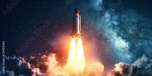 An Emblematic Business Triumph: A Rocket Ship Ascends Through A Studded Night Sky. Сoncept Business Rocket Launch, Night Sky Illustration, Symbolic Triumph, Ascending Success, Studded Skyline