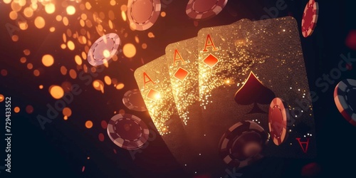 A Striking Poker Design Featuring Golden Cards And Chips On A Dark Background. Сoncept Golden Poker Cards, Chip Stack, Dark Background, Striking Design