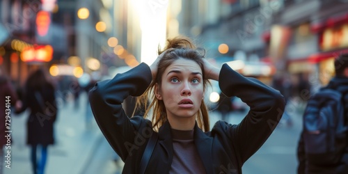 A Woman Experiences A Panic Attack In A Bustling City Street. Сoncept Mental Health Awareness, Coping With Panic Attacks, Urban Stress, Emotional Support, Seeking Help