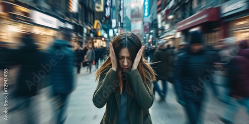 Woman's Panic Attack Unfolds Amidst Busy City Street. Сoncept Self-Care Tips, Coping With Anxiety, Overcoming Panic Attacks, Mental Health Support © Ян Заболотний