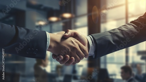 two business man shaking hands, office, medium shot, ad photography