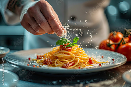 Chef hand decorated a pasta dish generative ai 