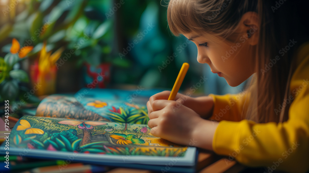 Close-up of a Child Drawing in an Album. Suitable for children's education concept. Close-up of a Child Drawing in an Album. Suitable for children's education concept.
