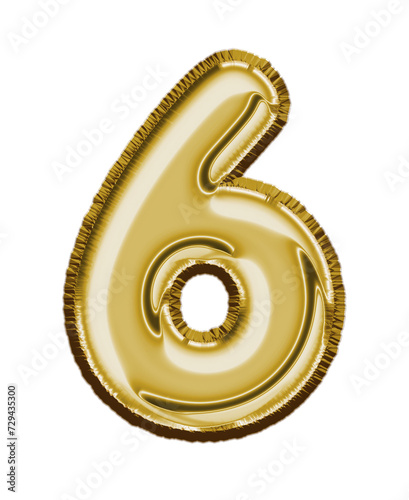 Isolated number gold foil balloon effect, number six transparent background 