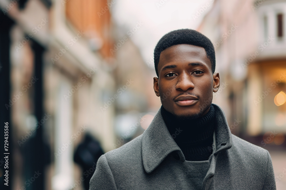 Confident Black Man in Stylish Grey Coat on City Street Confident Black Man in Stylish Grey Coat on City Street