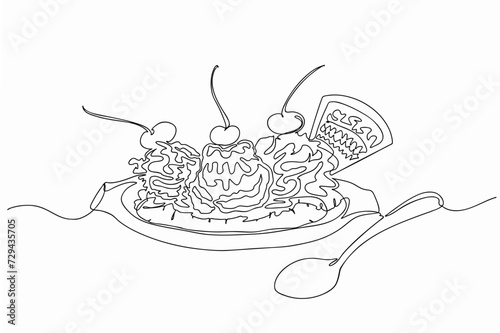 Banana split ice cream continuous one line hand drawing isolated on white background, Illustration vector design, Popular summer desserts concept