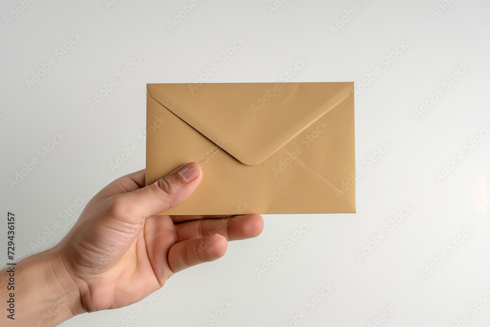 A hand holding a small, rectangular, brown envelope against a white background.