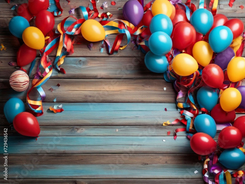 Colorful carnival or party frame of balloons, streamers and confetti on rustic wooden board