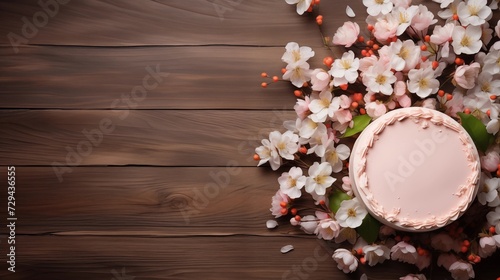 Texture of wooden boards with cake and flowers, background of natural wood surface