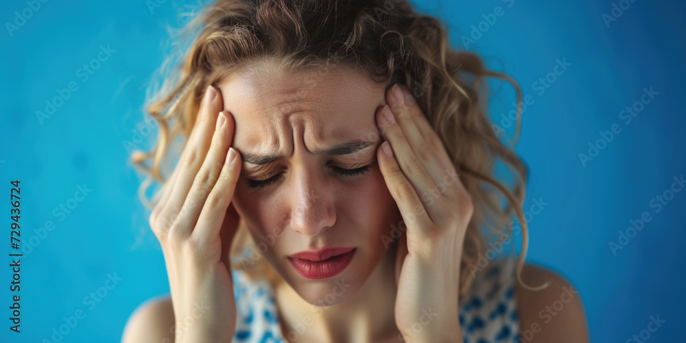 Woman suffer from stress or a headache grimacing in pain. young woman holding hands near head while suffering from painful headache migraine on studio blue background. Copy paste Woman suffer from stress or a headache grimacing in pain. young woman holding hands near head while suffering from painful headache migraine on studio blue background. Copy paste