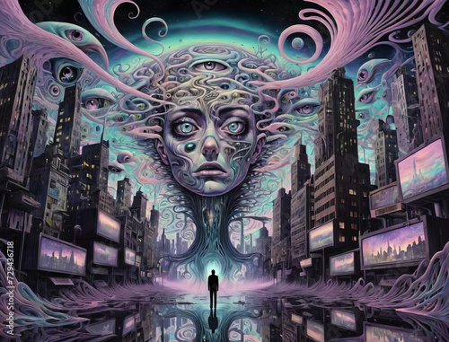 Entrepreneur's Inner Turmoil - Helpless Insomnia in a Surreal Psychedelic Environment Gen AI photo