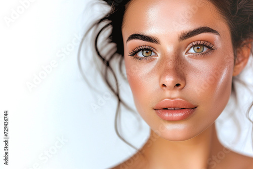 Glowing Skin Beauty Portrait, Latina woman with radiant and healthy-looking skin, Close-up shots highlighting natural makeup, Suitable for skincare and beauty product promotions.
