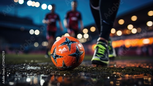 Closeup of soccer ball and players playing