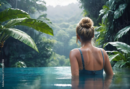 Happy woman swimming in an infinity pool overlooking the jungle, and enjoying the warm tropical rain, with copy space, thinking and dreaming © Perecciv