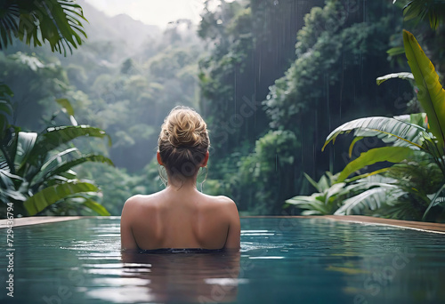 Happy woman swimming in an infinity pool overlooking the jungle, and enjoying the warm tropical rain, with copy space, thinking and dreaming