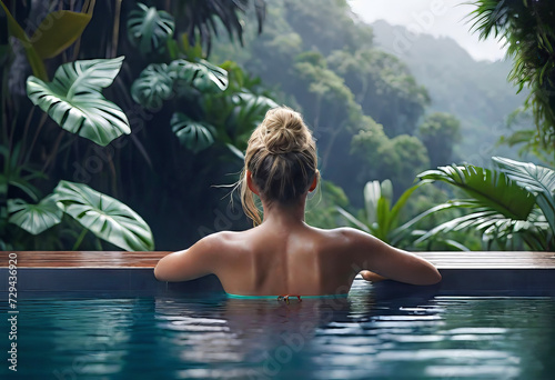 Happy woman swimming in an infinity pool overlooking the jungle, and enjoying the warm tropical rain, with copy space, thinking and dreaming © Perecciv