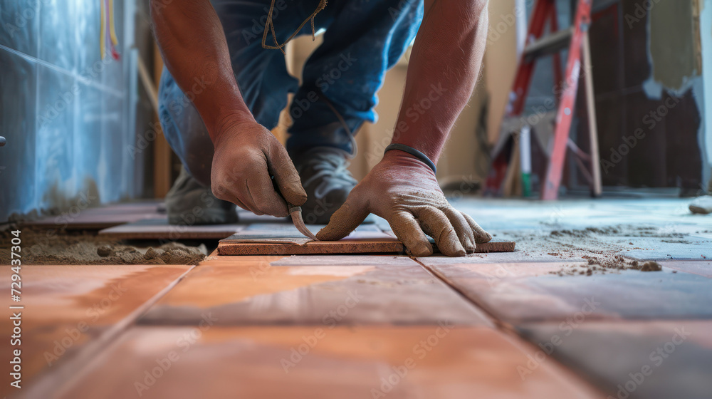 A technician laying floor tiles in a renovated house A technician laying floor tiles in a renovated house