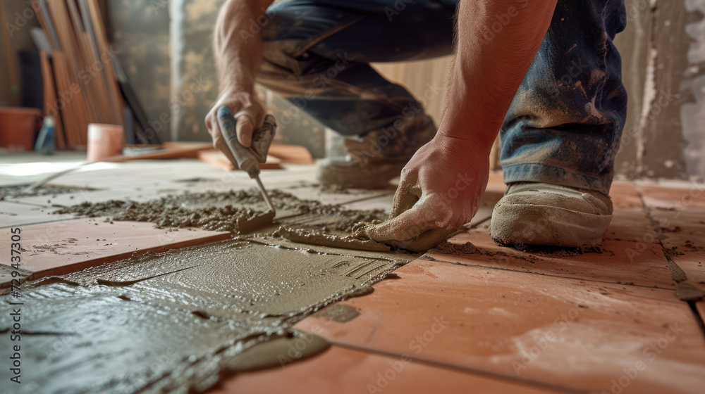 A technician laying floor tiles in a renovated house A technician laying floor tiles in a renovated house