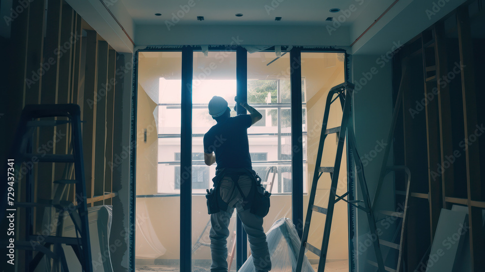 Technicians are installing glass inside the house for renovations Technicians are installing glass inside the house for renovations
